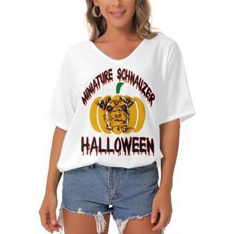 Miniature Schnauzer Halloween On All Hallows Night Women's Bat Sleeves V-Neck Blouse | Favorety AU