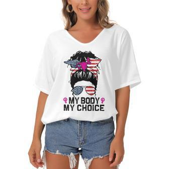 My Body My Choice Pro Choice Messy Bun Feminist Women Rights Women's Bat Sleeves V-Neck Blouse | Mazezy