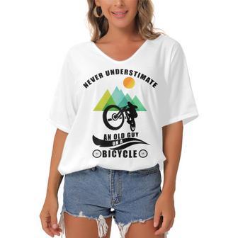 Never Underestimate An Old Guy On A Bicycle Women's Bat Sleeves V-Neck Blouse | Favorety CA