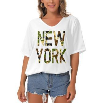New York Camo Distressed Gift Women's Bat Sleeves V-Neck Blouse | Mazezy