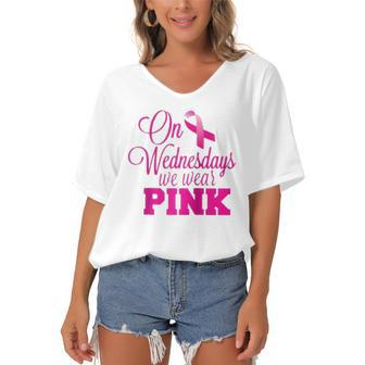 On Wednesdays We Wear Pink Breast Cancer Awareness Raglan Baseball Tee Women's Bat Sleeves V-Neck Blouse | Mazezy