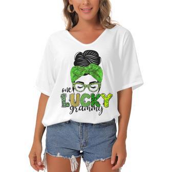 One Lucky Grammy Life Messy Bun St Patricks Day Irish Women's Bat Sleeves V-Neck Blouse | Favorety AU