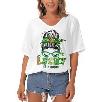 One Lucky Grammy Messy Bun Leopard St Patricks Day Women's Bat Sleeves V-Neck Blouse | Favorety