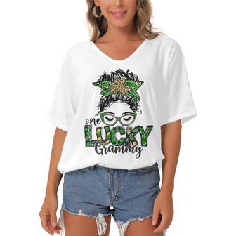 One Lucky Grammy St Patricks Day Messy Bun Leopard Women's Bat Sleeves V-Neck Blouse | Favorety DE