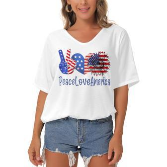 Peace Love America 4Th July Patriotic Sunflower Heart Sign V3 Women's Bat Sleeves V-Neck Blouse - Seseable