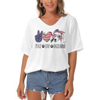 Peace Love Dachshund 4Th Of July Patriotic American Usa Flag Women's Bat Sleeves V-Neck Blouse - Seseable