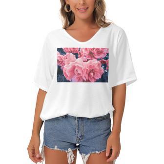 Pink Roses In Garden Women's Bat Sleeves V-Neck Blouse | Favorety