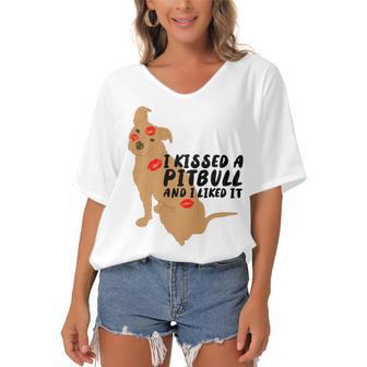 Pitbull Funny Kissed A Pitbull I Liked 795 Shirt Women's Bat Sleeves V-Neck Blouse | Favorety AU