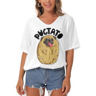 Pugtato Pug Potato Dog Lovers Costume Funny Meme Gifts Women's Bat Sleeves V-Neck Blouse | Favorety UK