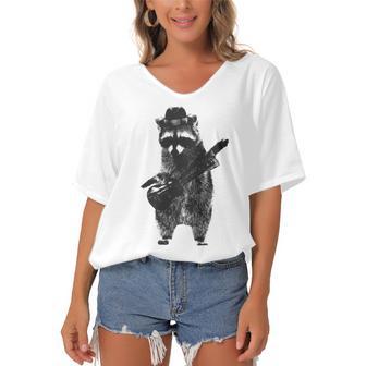 Raccoon Wielding Ukulele Women's Bat Sleeves V-Neck Blouse | Favorety DE