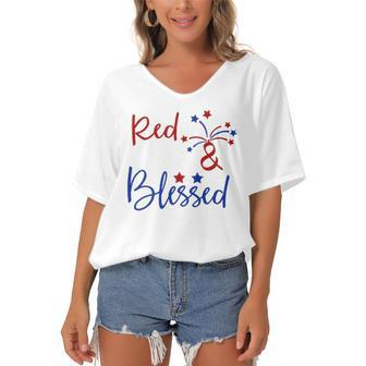 Red White Blessed 4Th Of July Cute Patriotic America Women's Bat Sleeves V-Neck Blouse | Mazezy