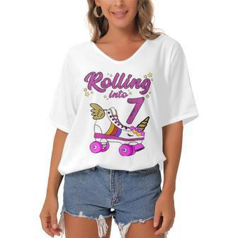 Rolling Into 7Th Birthday Unicorn Roller Skate Party Women's Bat Sleeves V-Neck Blouse | Mazezy