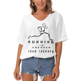 Running Is Cheaper Than Therapy A Celebration Of Running Women's Bat Sleeves V-Neck Blouse | Favorety UK