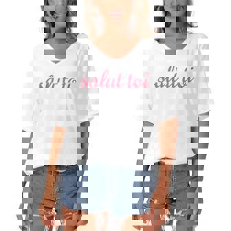 Salut Toi Hello You French Phrase Women's Bat Sleeves V-Neck Blouse | Mazezy