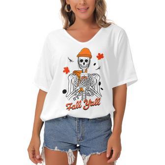 Skeleton It’S Fall Y’All Thanksgiving Funny Autumn Halloween Women's Bat Sleeves V-Neck Blouse | Favorety