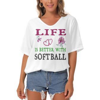 Softball Sport Lover Life Is Better With Softball Women's Bat Sleeves V-Neck Blouse | Favorety AU