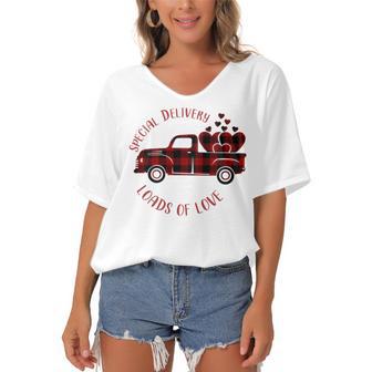 Special Delivery Valentines Car Red Plaid Women's Bat Sleeves V-Neck Blouse | Favorety UK