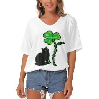 St Patricks Day Black Cat My Lucky Charm Women's Bat Sleeves V-Neck Blouse | Favorety AU