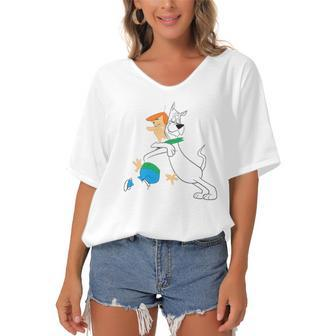 The Jetsons Astro Hugging George Women's Bat Sleeves V-Neck Blouse | Mazezy