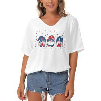 Three Gnomes Celebrating Independence Usa Day 4Th Of July Women's Bat Sleeves V-Neck Blouse | Mazezy