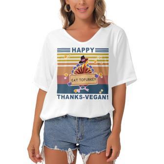 Turkey Happy Thanks Vegan Turkey Vintage Retro Women's Bat Sleeves V-Neck Blouse | Favorety