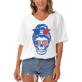 Ultra Maga Red White Blue Skull Women's Bat Sleeves V-Neck Blouse | Favorety DE