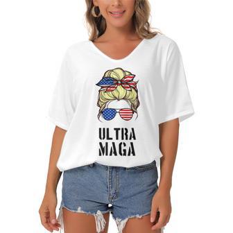 Ultra Mega Messy Bun 2022 Trump Republicans Conservatives Women's Bat Sleeves V-Neck Blouse | Favorety