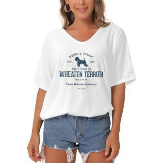 Vintage Style Retro Soft Coated Wheaten Terrier Raglan Baseball Tee Women's Bat Sleeves V-Neck Blouse | Mazezy