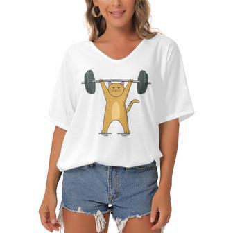 Weightlifting - Cat Barbell Fitness Lovers Gift Women's Bat Sleeves V-Neck Blouse | Mazezy