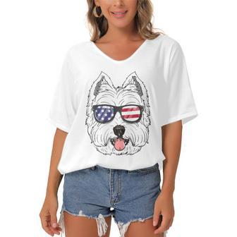 West Highland White Terrier Dog 4Th Of July American Westie Women's Bat Sleeves V-Neck Blouse | Mazezy