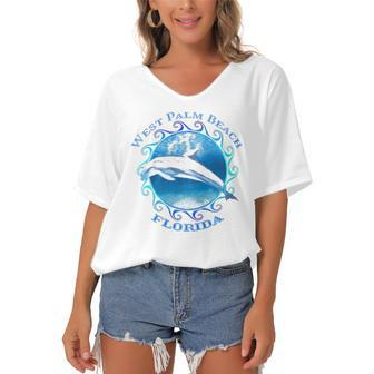 West Palm Beach Florida Vacation Souvenir Dolphin Women's Bat Sleeves V-Neck Blouse | Mazezy