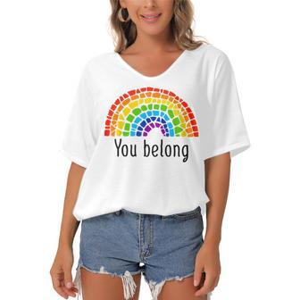 You Belong Lgbtq Rainbow Gay Pride V2 Women's Bat Sleeves V-Neck Blouse - Seseable