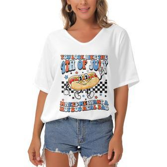 You Look Like 4Th Of July Makes Me Want A Hot Dog Real Bad Women's Bat Sleeves V-Neck Blouse - Monsterry