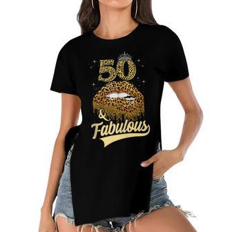 50 And Fabulous Queen Happy Birthday 50Th Leopard Sexy Lips Women's Short Sleeves T-shirt With Hem Split - Seseable