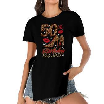50Th Birthday Squad Stepping Into 50 Leopard High Heel Women's Short Sleeves T-shirt With Hem Split | Mazezy