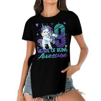 9Th Birthday 9 Year Old Girl Flossing Unicorn Party Women's Short Sleeves T-shirt With Hem Split - Seseable