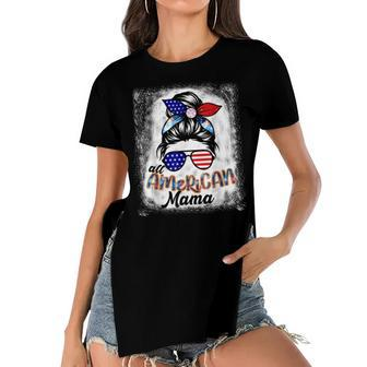 All American Mama Bleached Messy Bun Flag Usa 4Th Of July Women's Short Sleeves T-shirt With Hem Split - Seseable
