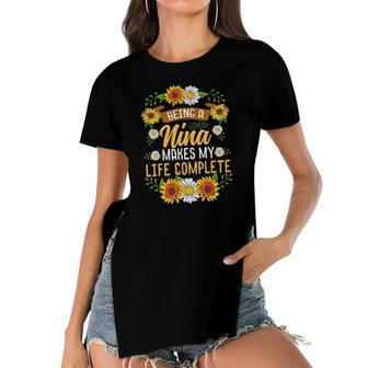 Being A Nina Makes My Life Complete Sunflower Gift Women's Short Sleeves T-shirt With Hem Split | Mazezy
