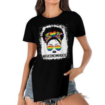 Black Womens Free Mom Hugs Messy Bun Lgbt Pride Rainbow Women's Short Sleeves T-shirt With Hem Split | Mazezy
