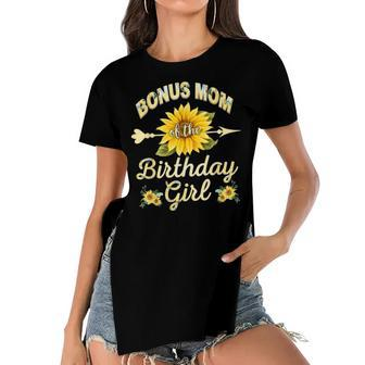 Bonus Mom Of The Birthday Girl Sunflower Family Matching Women's Short Sleeves T-shirt With Hem Split - Seseable