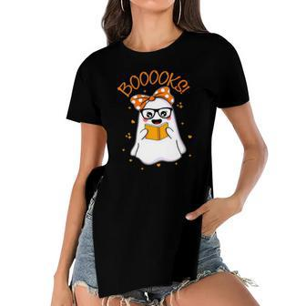 Booooks Cute Ghost Reading Library Books Halloween Teacher Women's Short Sleeves T-shirt With Hem Split | Mazezy