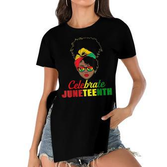 Celebrate Juneteenth Messy Bun Black Women Melanin Pride Women's Short Sleeves T-shirt With Hem Split | Mazezy