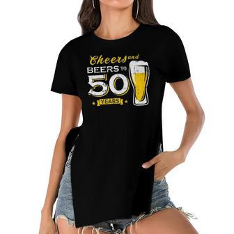 Cheers And Beers To 50 Years 50Th Funny Birthday Party Gift Women's Short Sleeves T-shirt With Hem Split | Mazezy