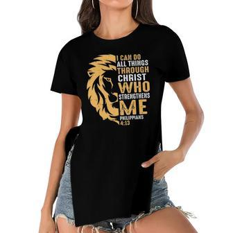 Christian I Can Do All Things Through Christ Lion Faith Women's Short Sleeves T-shirt With Hem Split | Mazezy