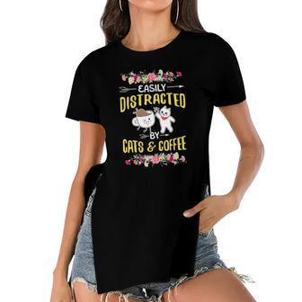 Easily Distracted By Cats And Coffee Cat Coffee Lover Women's Short Sleeves T-shirt With Hem Split | Mazezy
