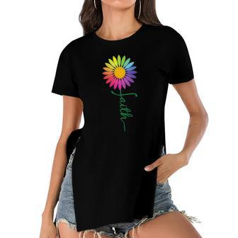 Faith Cross Flower Rainbow Christian Gift Women's Short Sleeves T-shirt With Hem Split | Mazezy