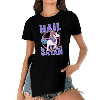 Funny Hail Satan Unicorn Rainbow Satanic Heavy Metal Pun Women's Short Sleeves T-shirt With Hem Split | Mazezy