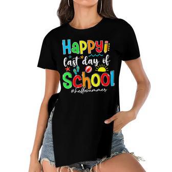 Funny Happy Last Day Of School Hello Summer Multicolored Women's Short Sleeves T-shirt With Hem Split | Favorety CA