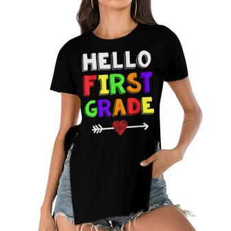 Hello First Grade Team 1St Grade Back To School Teacher Kids Women's Short Sleeves T-shirt With Hem Split - Seseable