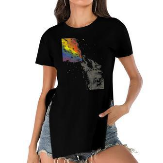 Howling Wolf Rainbow Watercolor Whimsical Animal Women's Short Sleeves T-shirt With Hem Split | Mazezy
